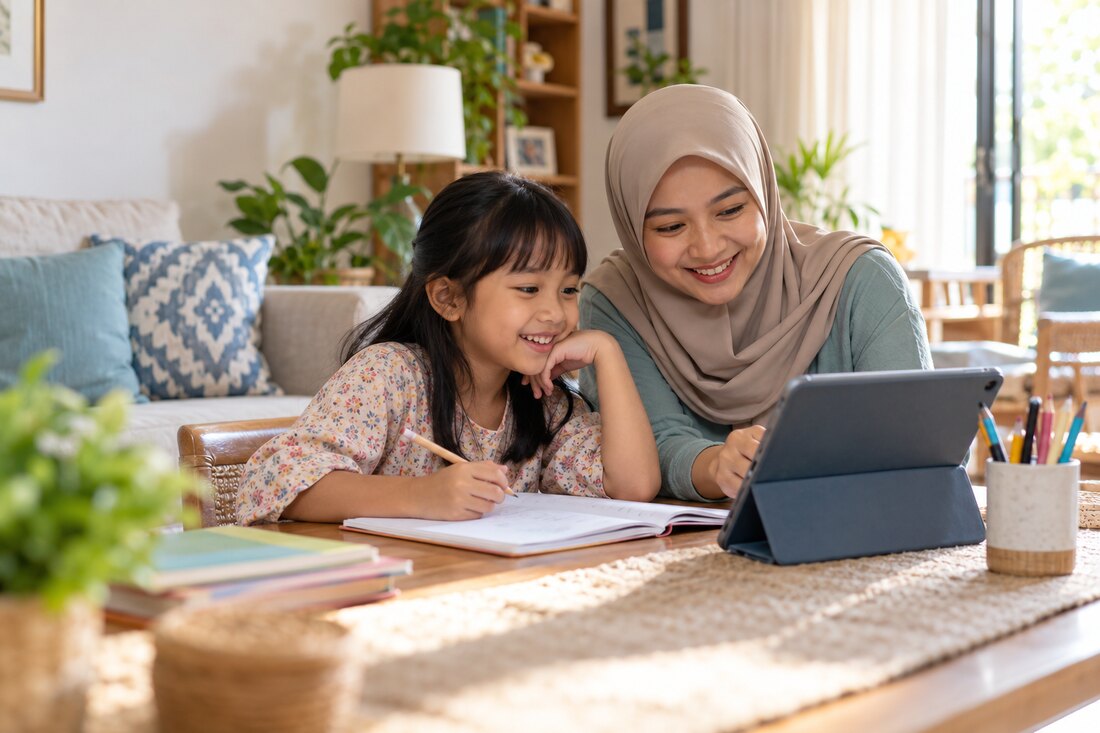 Ibu dan anak mencoba kegiatan belajar bersama di rumah